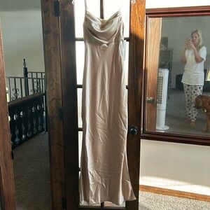 Long satin champagne colored dress for a wedding or prom.  NWT never worn